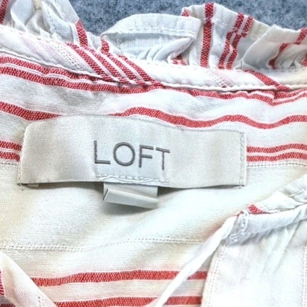 LOFT Red Ivory Striped Cotton Ruffle Tie Neck Puff Sleeve Blouse Peasant Small - Picture 5 of 8